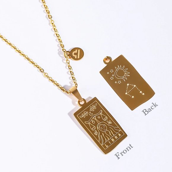 Libra Zodiac Pendant Necklace 18K Gold‎ Plated Stainless Steel Astrology - Picture 2 of 8